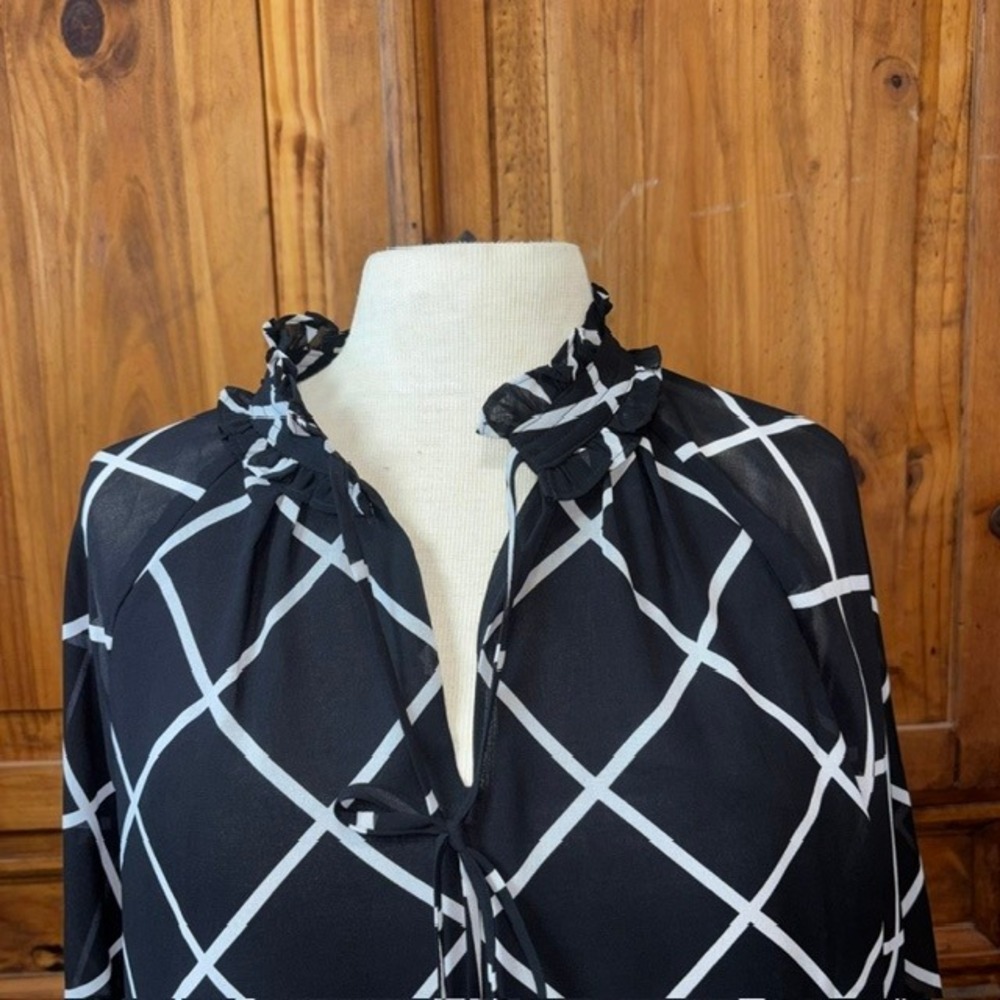 Calvin Klein Womens Black White Windowpane Ruffle Neck Tie Blouse M M1NAZ563 - Picture 3 of 8